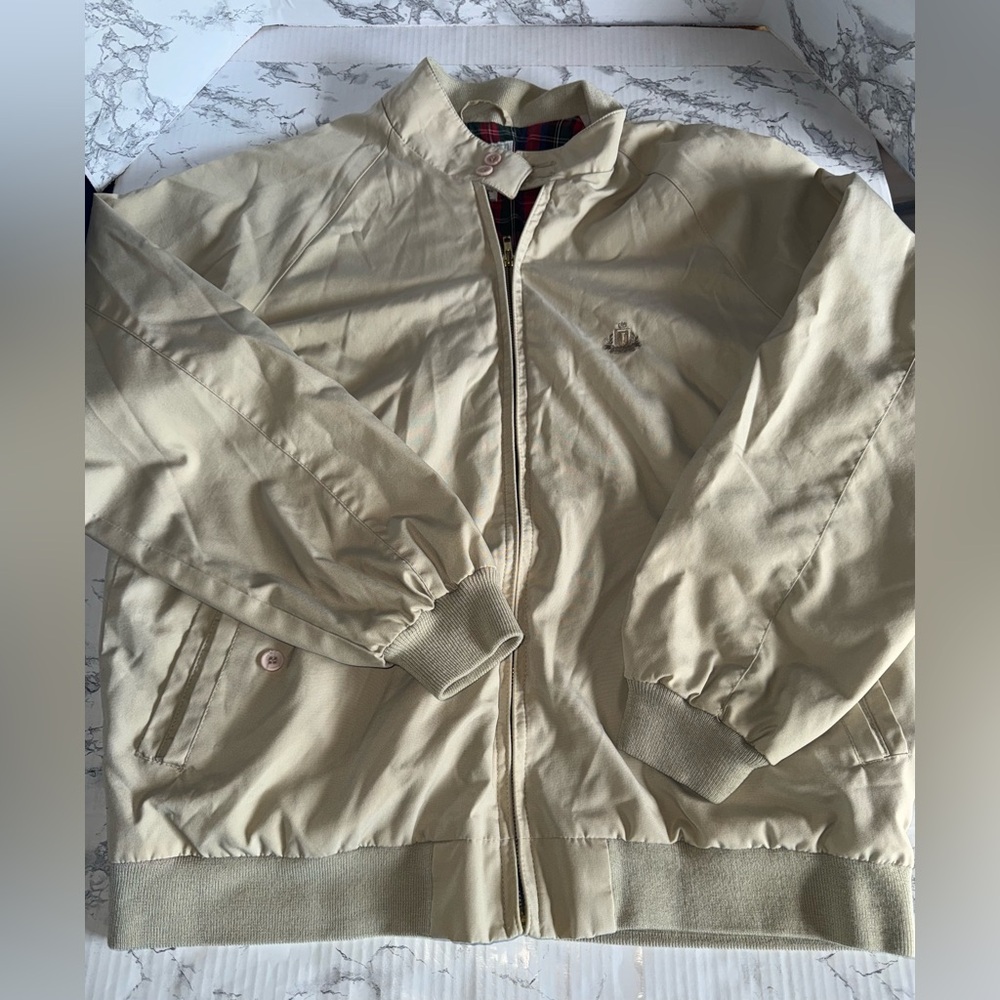 Vintage Izod Size Large Jacket Coat Lightweight Khaki Plaid Logo Crest Golf Dad
